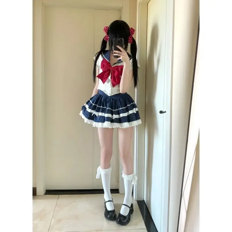 

Японский Kawaii Girl Sweet Set, милая рубашка в стиле Лолиты, летняя эстетичная кружевная лоскутная блузка Y2k, мини-юбка JK, облегающий костюм