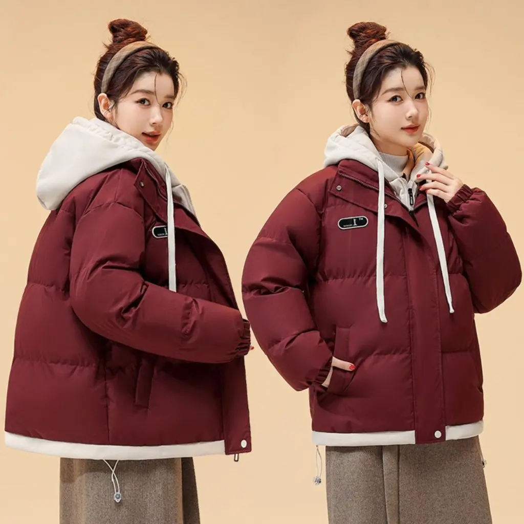 

Unisex Cotton-Padded Jacket Thick Warm Hooded Sweater Contrast Color Trendy Winter Coat for Men And Women Fake Two-Piece Design