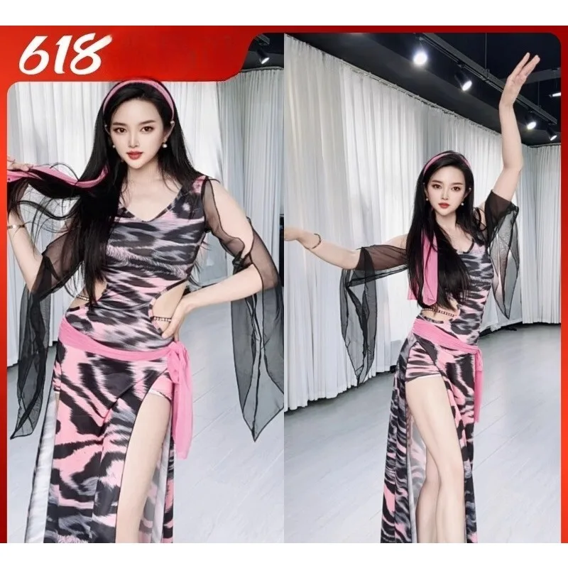 

Customized Belly Dance Costumes Practice Outfit Black and Pink Leopard Print Mesh Sleeves Baladi Folk Style Robe Shabbi Dress