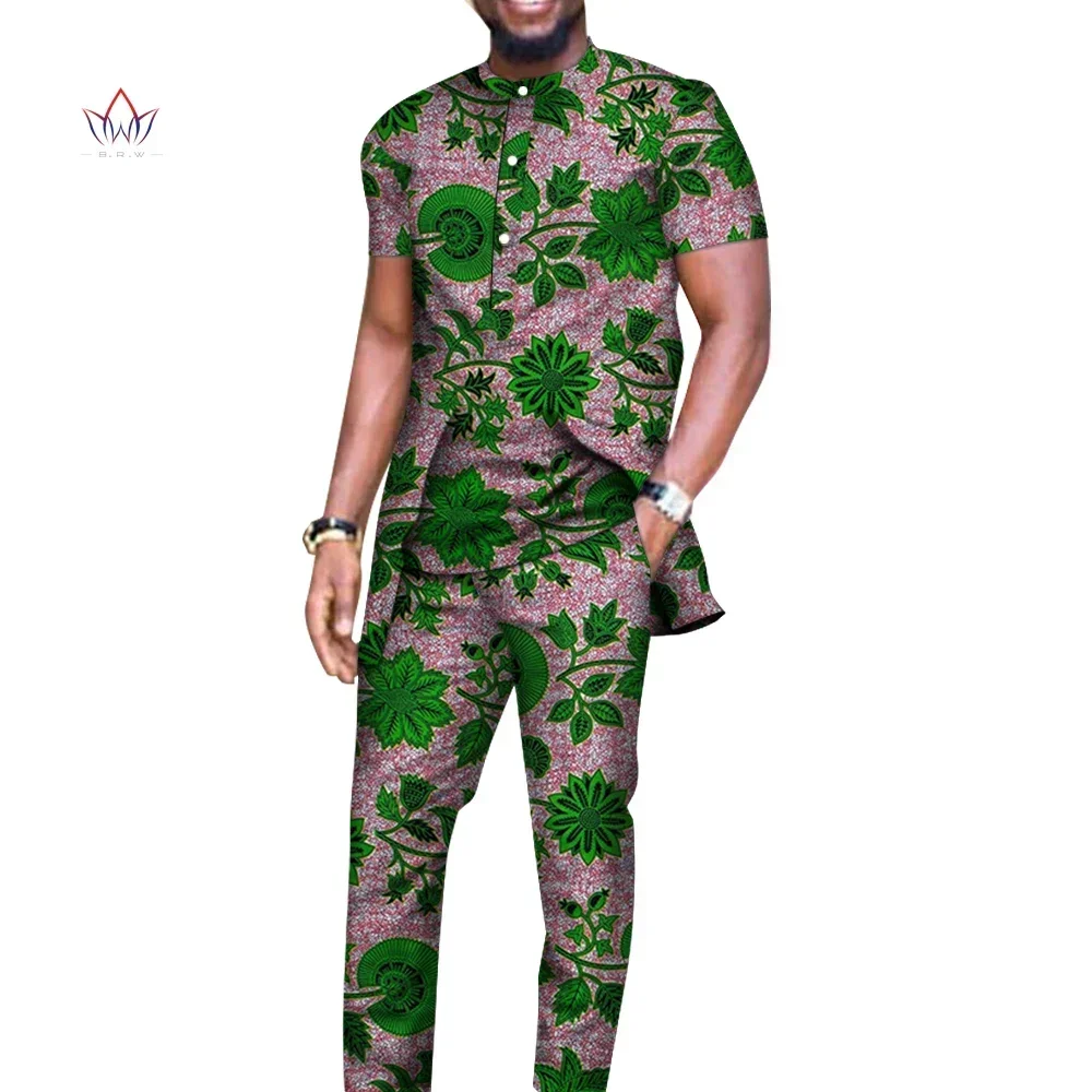 Bazin Riche Men 2 Pieces Pants Sets African Design Clothing African Clothes Casual Men Long Top Shirts and Pants Sets WYN514