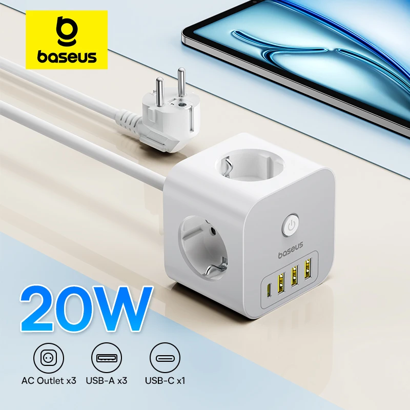 Baseus 20W Fast Charger Power Strip 3AC Outlet Desktop Charging Station PD 20W USB-C Fast Charging For iPhone Tablets Samsung