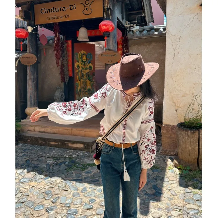 

Retro Ethnic Sle Lantern Sve Blouse Cotton Linen Long Sve Travel irt Women's Loose Fit Street Sle Spring 2025