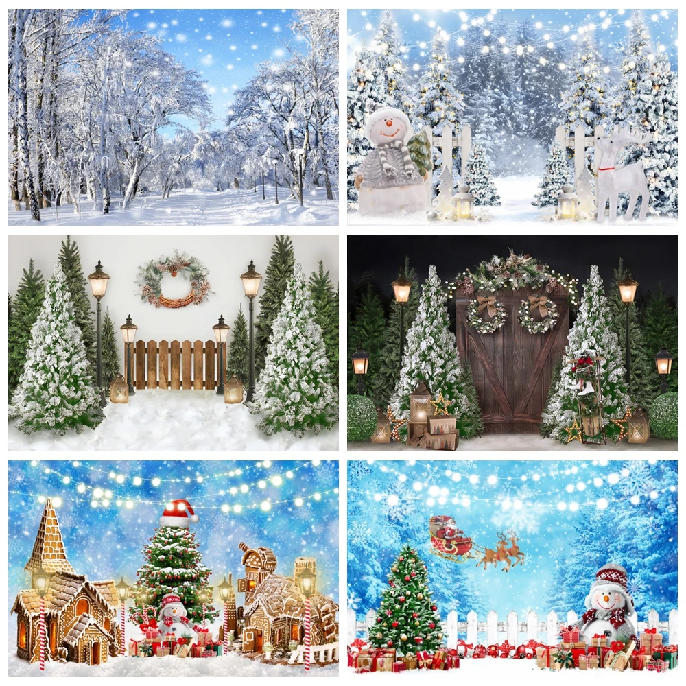 

Winter Forest Snowman Photography Backdrop Christmas Snowflake Decoration Xmas Pine Tree Photo Background Family Party Banner