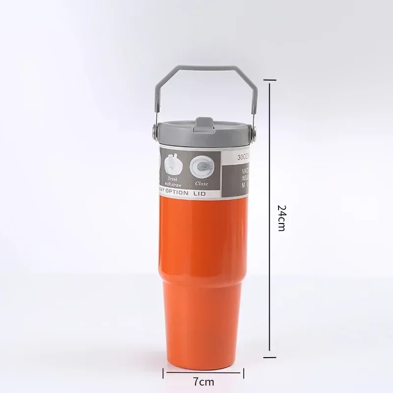 30oz Large Capacity Portable Car Cup Stainless Steel Thermos Cup with Straw & Handle Travel Sports Water Bottle Vacuum Flask - view 5