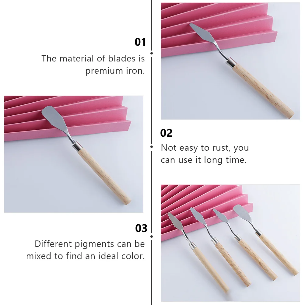 

4Pcs Eyeshadow Subpackage Shovels Premium Iron Blades Wood Handle for Oil Acrylic Painting Scraping Mixing Art Supplies Tools