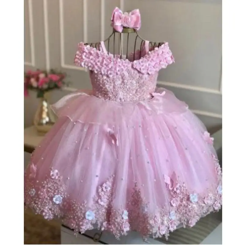 Vestidos de encaje para niñas pequeñas, vestido de princesa con hombros descubiertos, perlas, mariposas, flores, fiesta de primer cumpleaños infantil, regalo de comunión