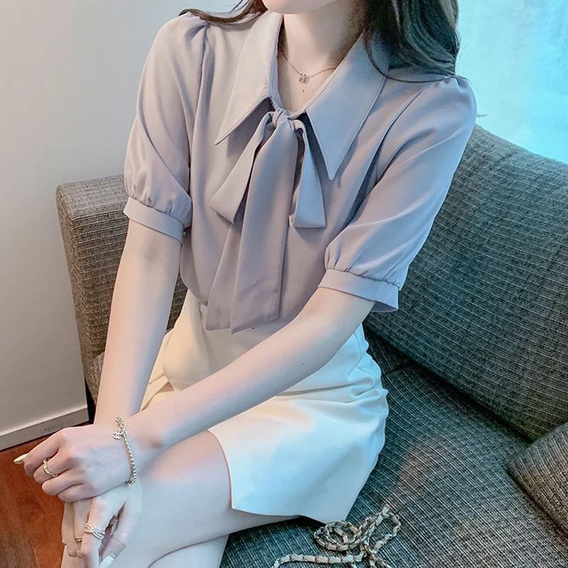 Elegant White Bow Patchwork Shirt Tops Summer New Polo Neck Short Sleeve Solid Color Loose Blouse Sweet Fashion Women Clothing