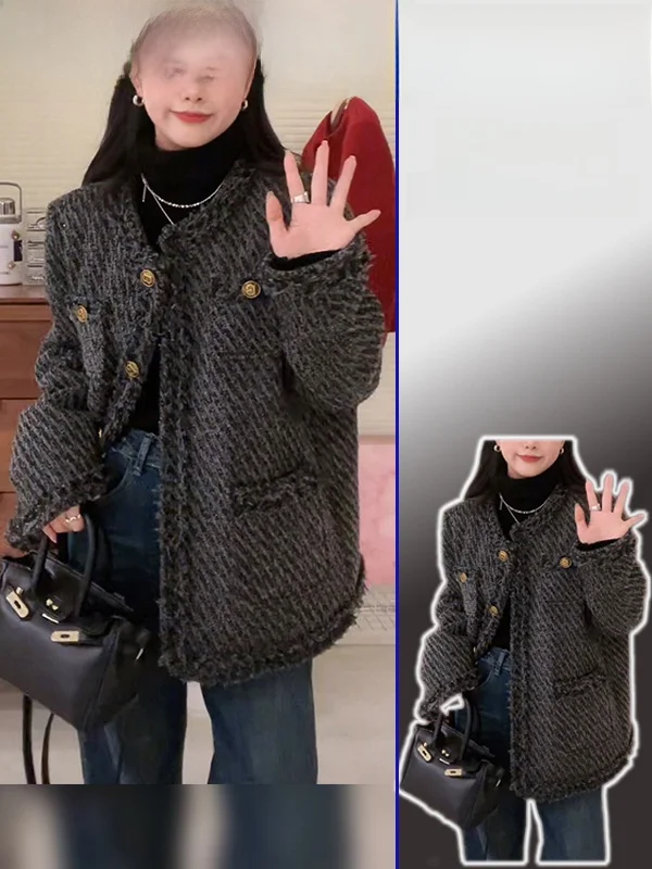 

plus Size Women's round Ne Metal Button Jaet Spring Autumn New Sle Ele Versatile Slimming Top Casual Loose Fit