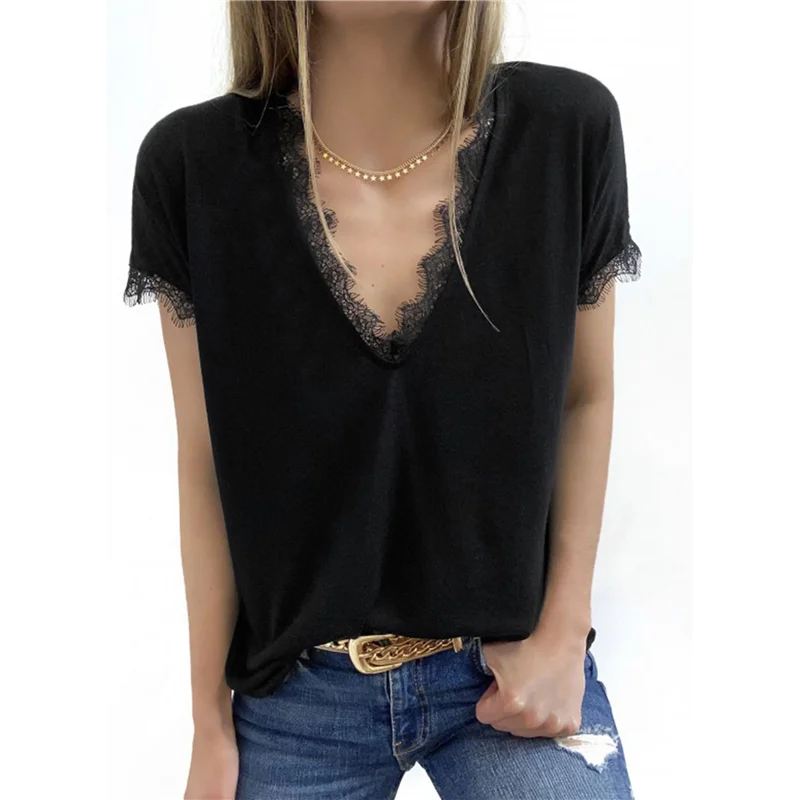 

A83F-Womens Lace Trim Summer Tops V Neck Short Sleeve Shirts Blouses Casual Basic Tshirts