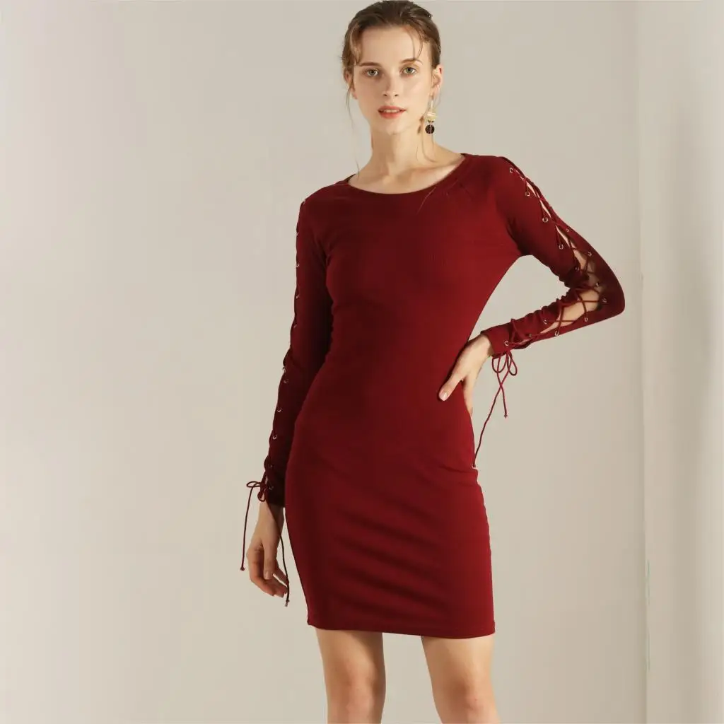 Bella Philosophy feminino outono inverno manga longa lado rendas bandagem vestido de malha vestidos elásticos sexy vestido fino