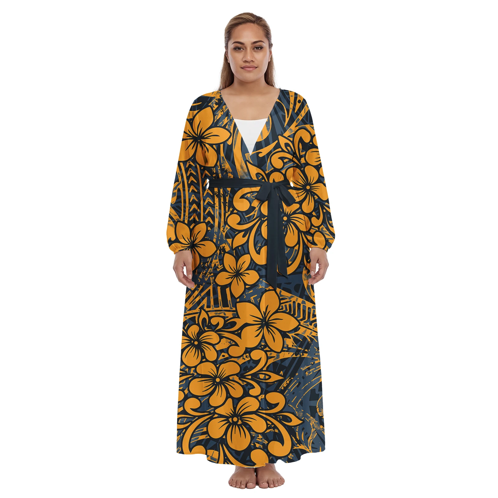 Luxury Design Custom Elegant Clothes Samoan Women Cardigan Hawaiian Oversize Fashion Beach Cover Up Polynesian Ladies Laceup Dre