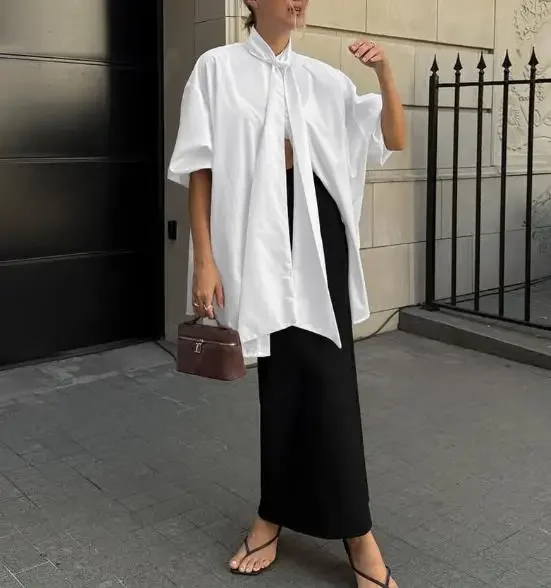 

2026 Loose Long Sleeve Ribbon Collar White Shirt for Women Temperament Commuting Female Daily Clothing Versatile Lazy Style Top