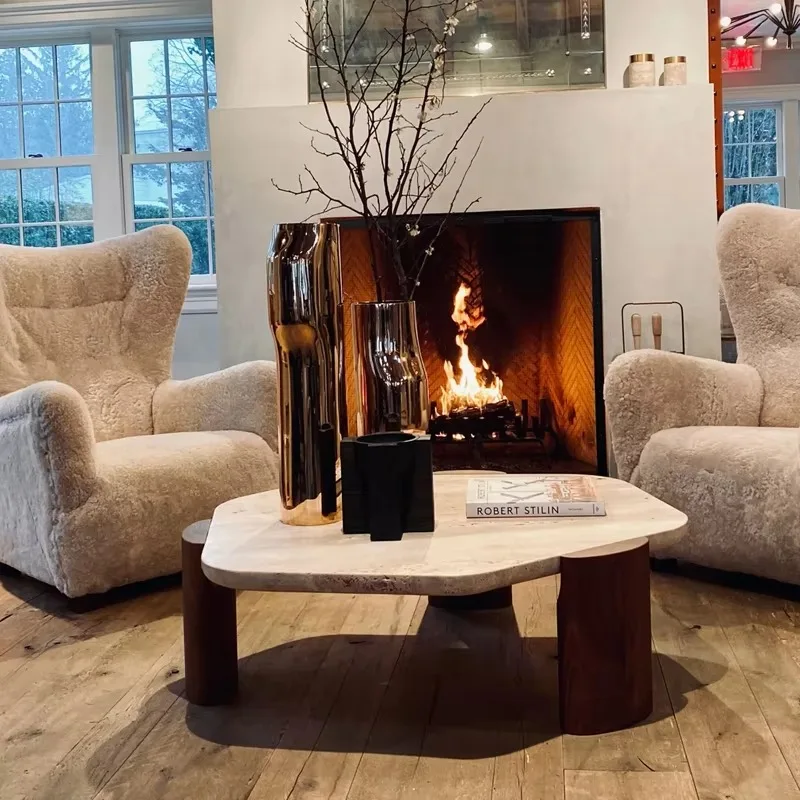 

Nordic Modern Solid Wood Coffee Table with Natural Stone Travertine Tea Table Designed for Living Room Furniture