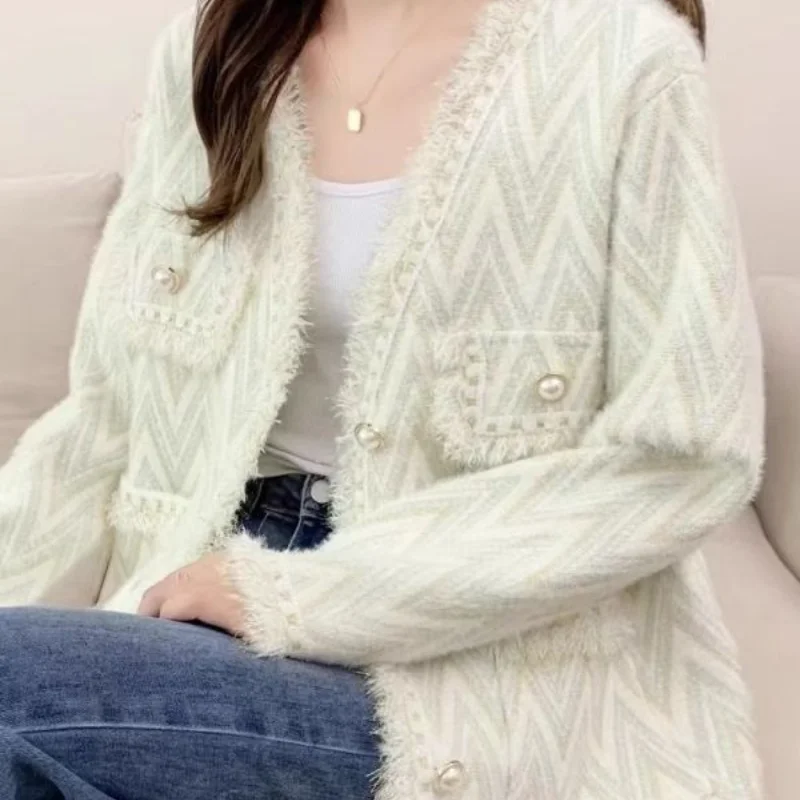 Xiaoxiang Fengliu Su Fur Edge Coat Soft Glutinous Knitted Cardigan Women's Spring Autumn Style Design Feel Fashion Coats