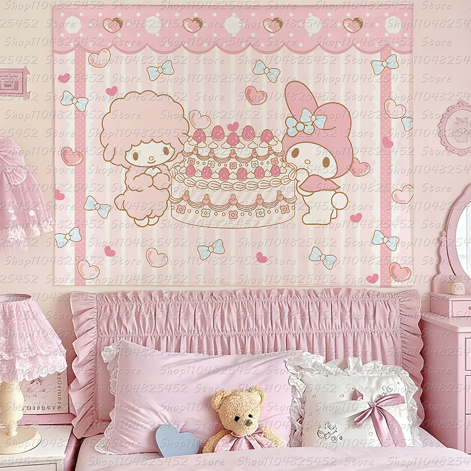 My Melody Schafkuchen-Wandbehang, Sanrio Instagram Hintergrundtuch, Wandteppich zur Dekoration des Nachttischs im Studentenzimmer