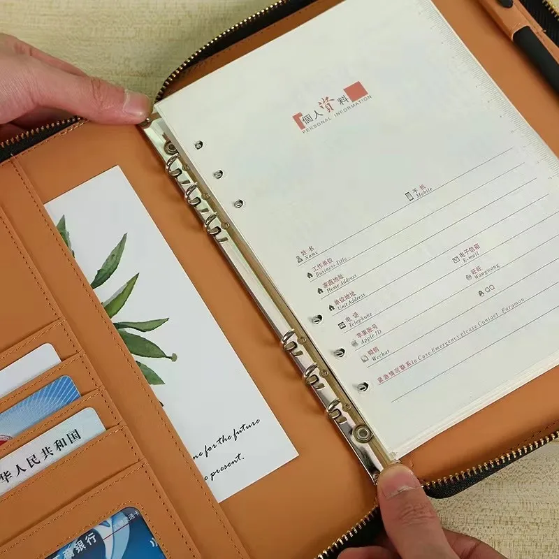A5 Business Ringband Kaartsleuven Reizen Met Rekenmachine PU Lederen Cover Losbladige Rits Notebook Multifunctioneel