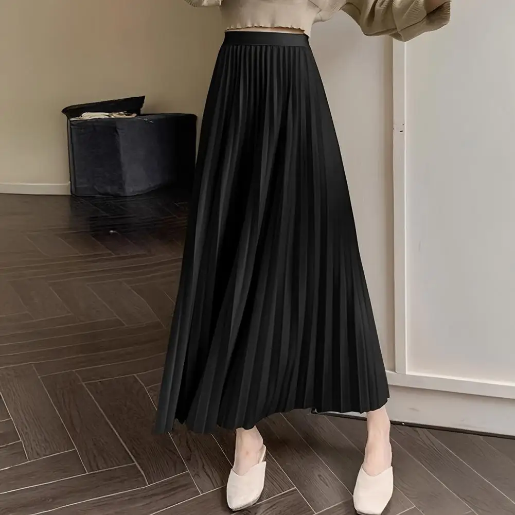 Women Pleated Midi Skirt Elastic High Waist Breathable Lightweight Wrinkle Resistant Office Friendly All Day Wear Solid