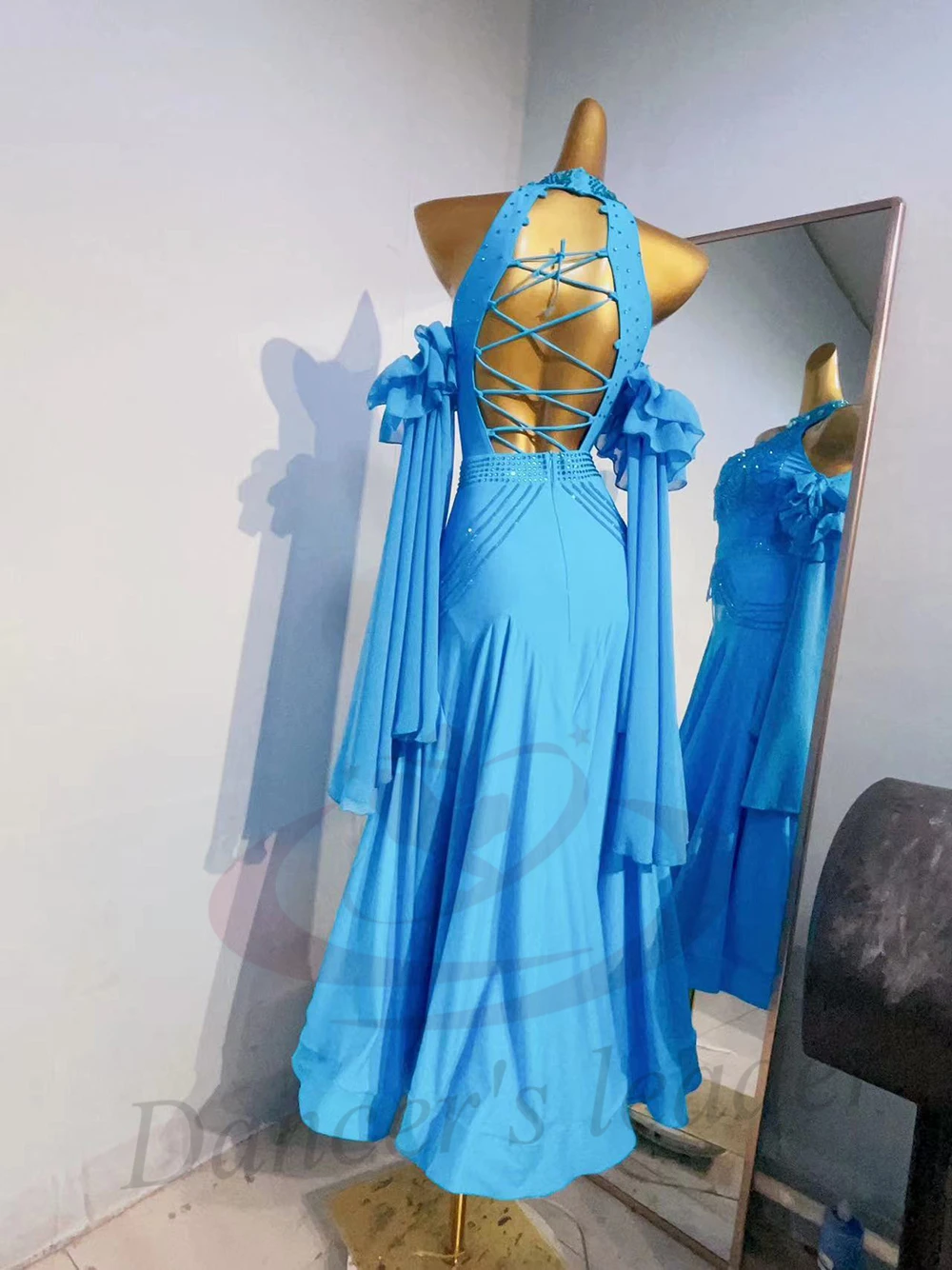 Dança latina adulto crianças vestido ab pedra high-end personalizado azul vestido moderno cha cha tango roupas femininas