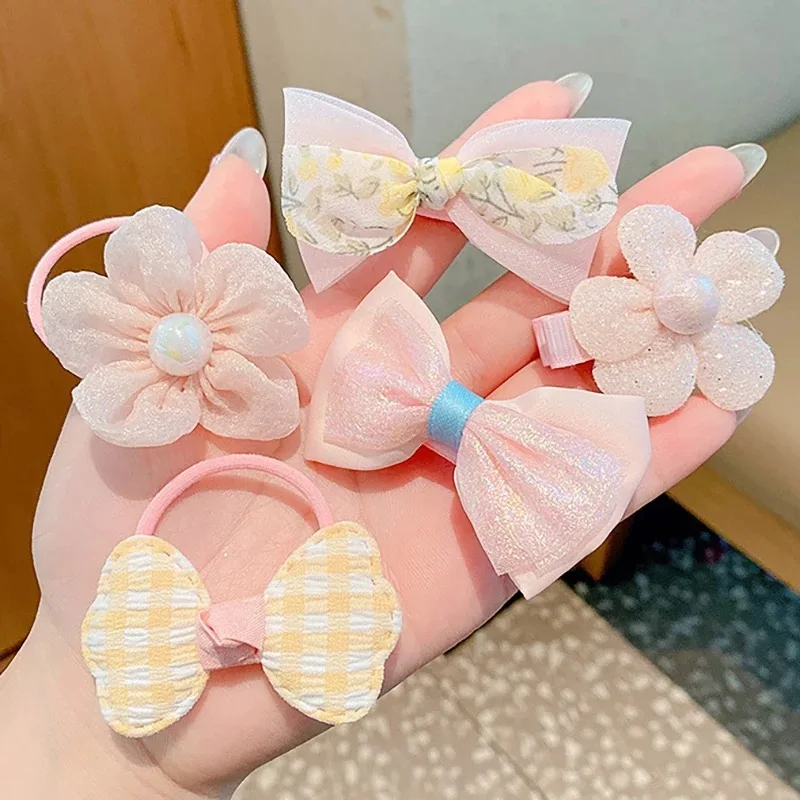 8 Pcs/Set Flower Bow Children\'s Elastic Hair Bands Lace Mesh Girl Hair Clips Sweet Princess Barrettes Baby Hair Accessories