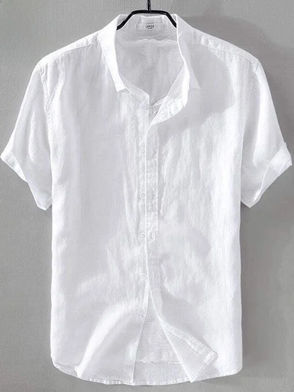 

Pure Linen Shirt Men's Short Sleeve Loose Top Summer Thin Collar White Cotton Linen Material Shirt Breathable Citywalk Style