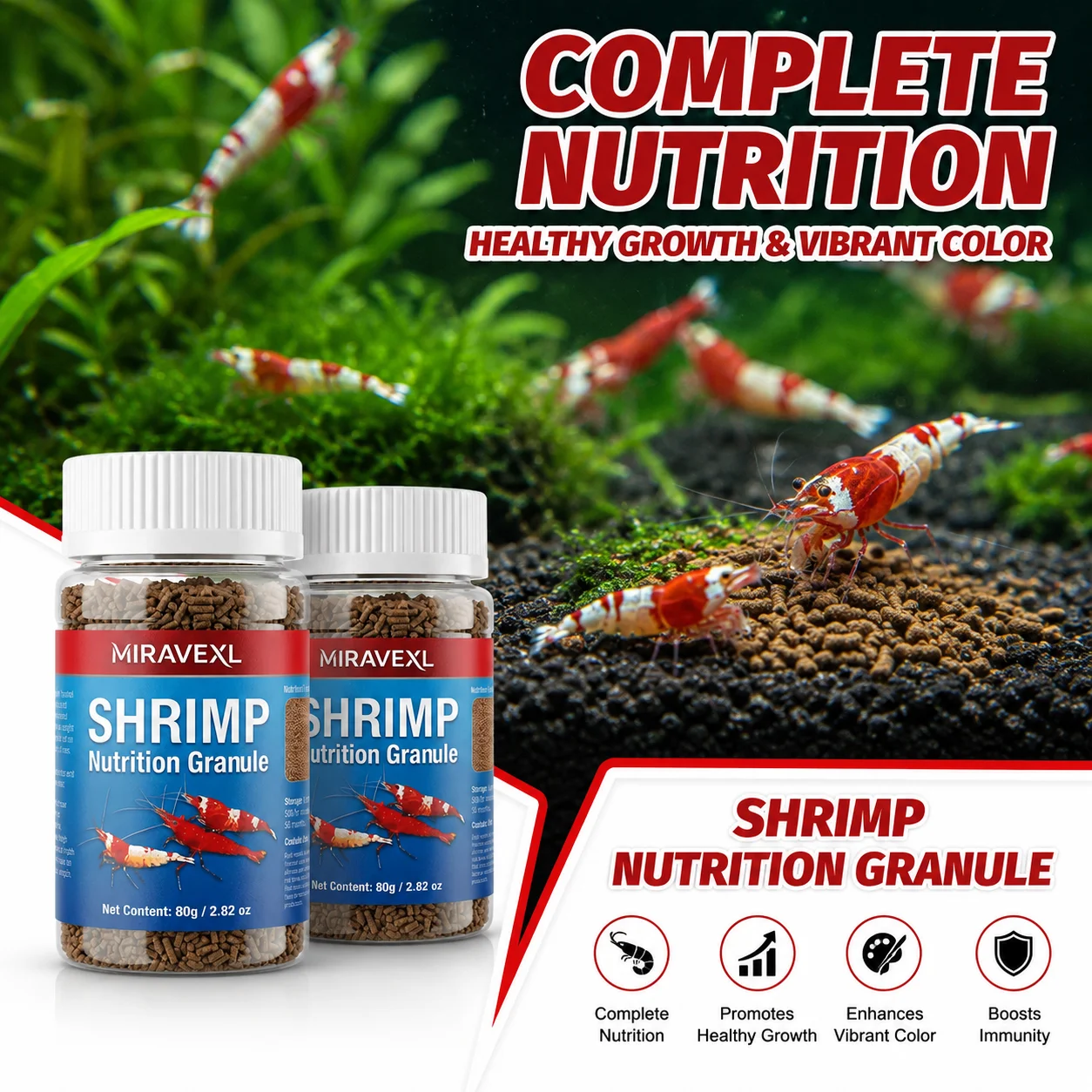 MIRAVEXL 80g Granulado Nutritivo para Camarones, Alimento Premium para Camarones de Acuario, para el Cuidado de Camarones Rojos Cherry Crystal, Neocaridina y Caridina