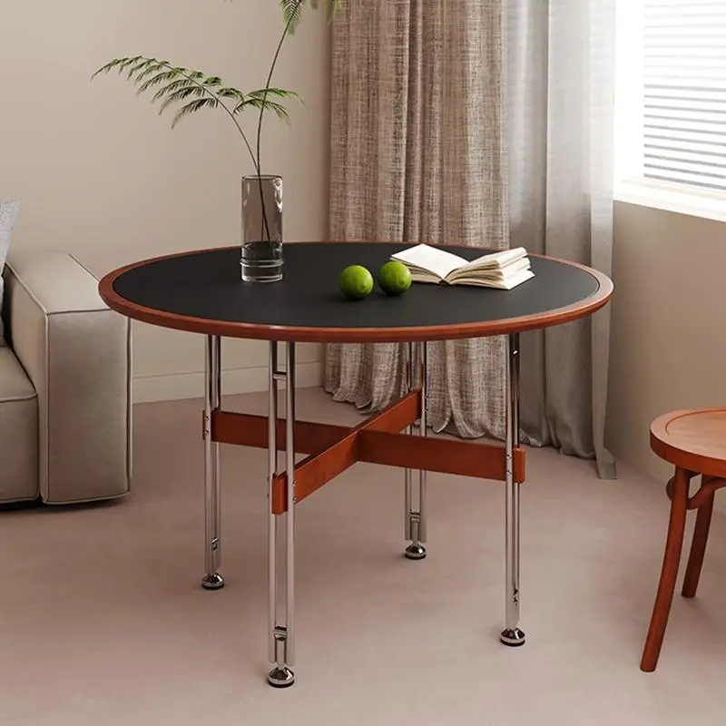 Meja makan batu alam abad pertengahan, meja bundar kayu solid retro, rumah tangga apartemen kecil, mewah ringan, kreatif minimalis, stainless steel