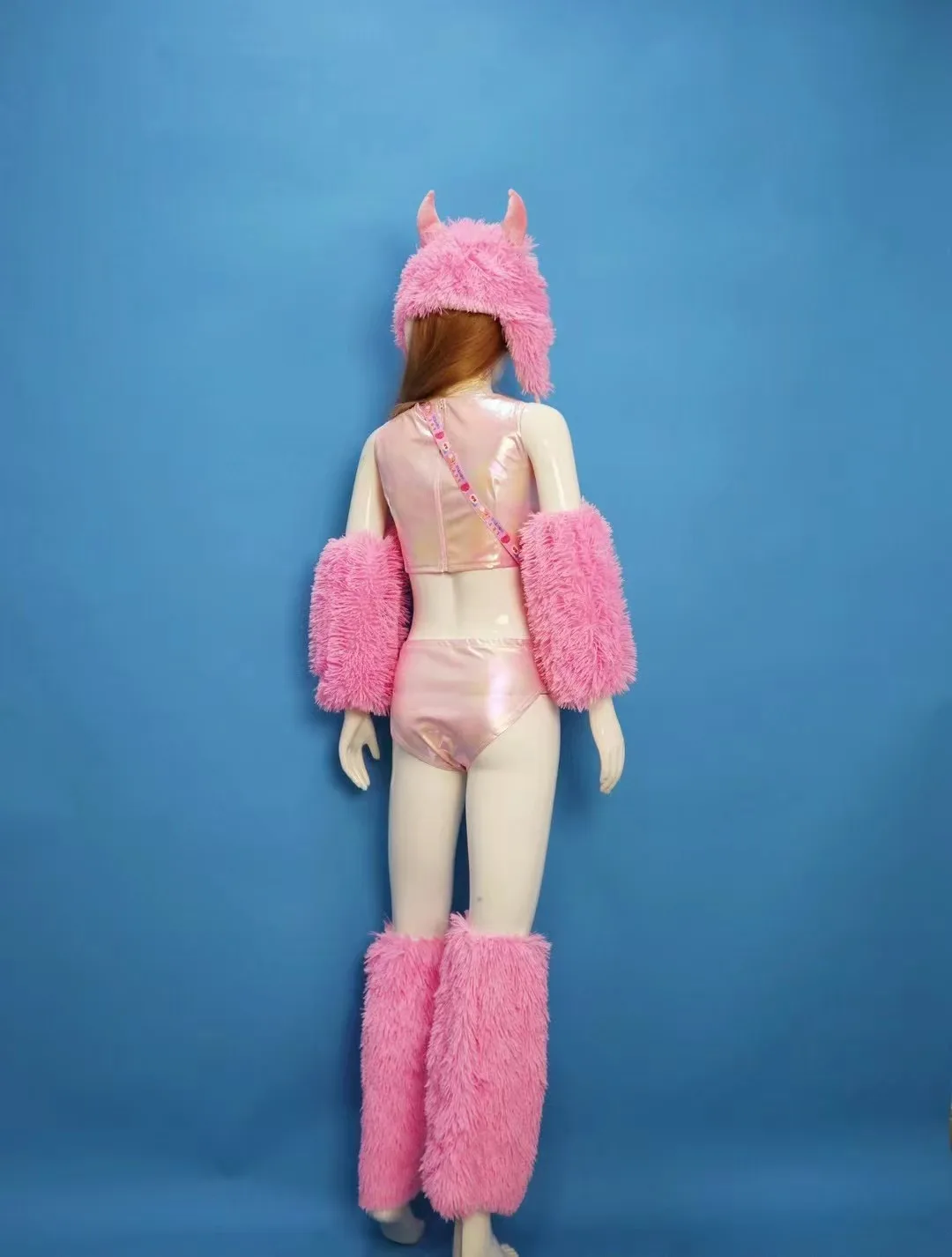 2 Style Cute Plush Hat+Cuff+Bikini Short/Skirt Set Party Gogo Performance Dress Female Singer DJ Dance Nightclub Bar Stage Wear