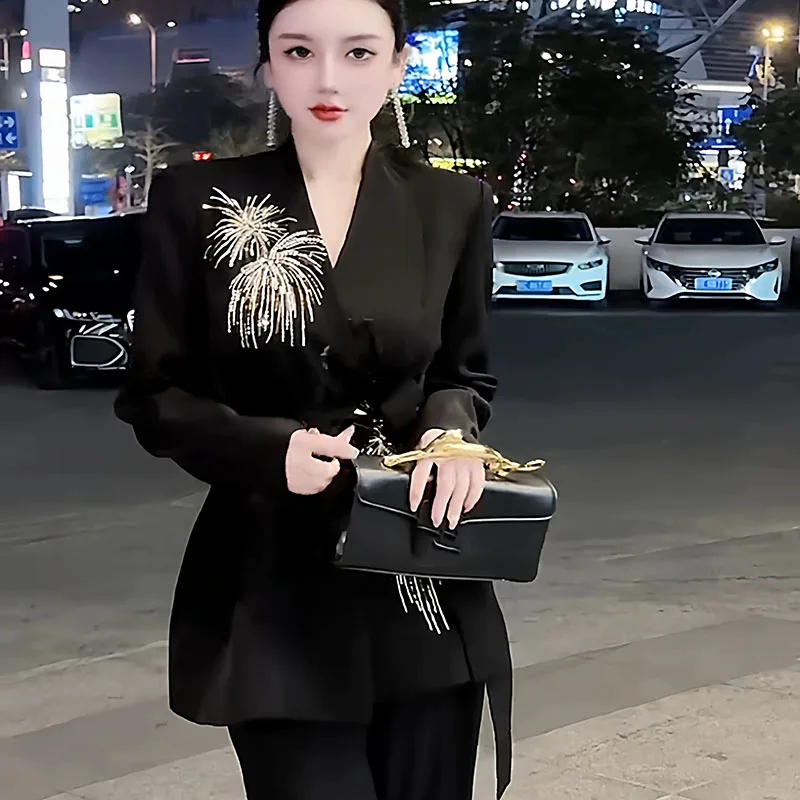 

Women's Black Embellished Blazer Suit 2026 New Firework Beaded Applique V Neck Chic Office Jacket Belted Party Commute Outerwear