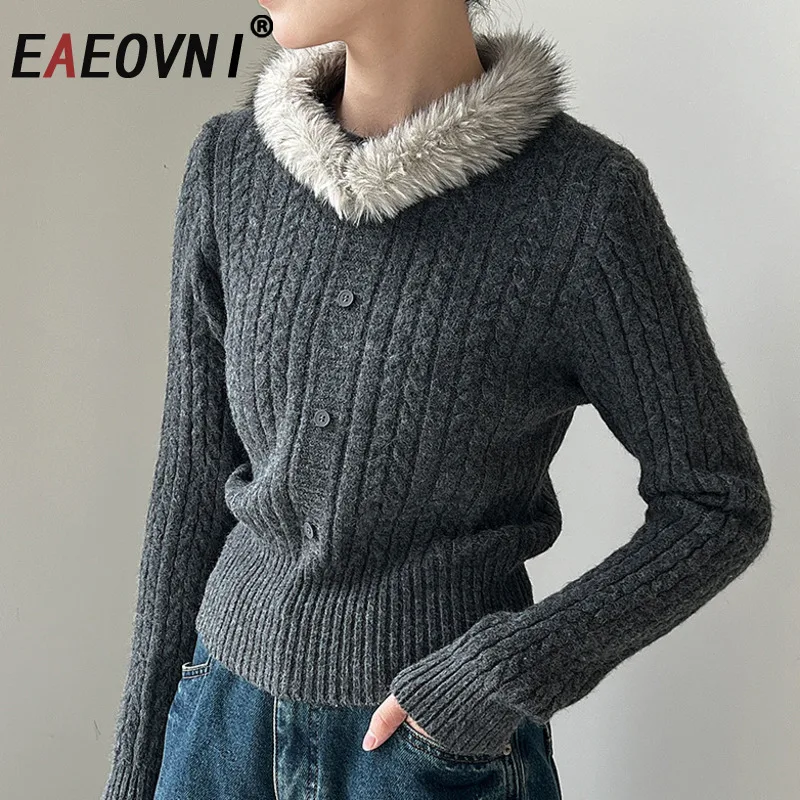 

EAEOVNI Fur Spliced Collar Design Knitted Cardigan Sweater Women Fashion Button Long Sleeve Solid Color Tops Casual Winter New