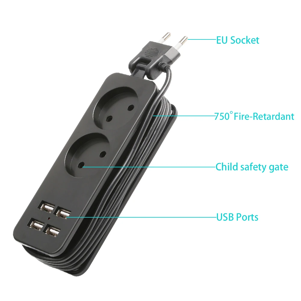 1.5 متر الاتحاد الأوروبي التوصيل قطاع الطاقة المقبس السفر قطاع الطاقة المحمولة تمديد 4 USB منفذ شاحن 1200 واط 250 فولت محور الألمانية PD خاص جاك