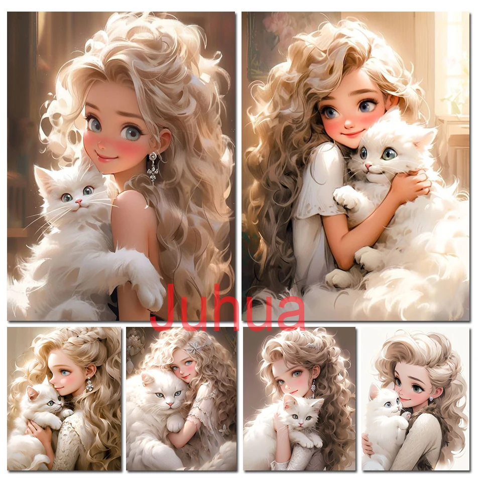 Big Eyes Girl And White Cat Diamond Painting New 2024 5D DIY Diamond Embroidery Cut Pet Mosaic Rhinestone Picture Christmas Gift