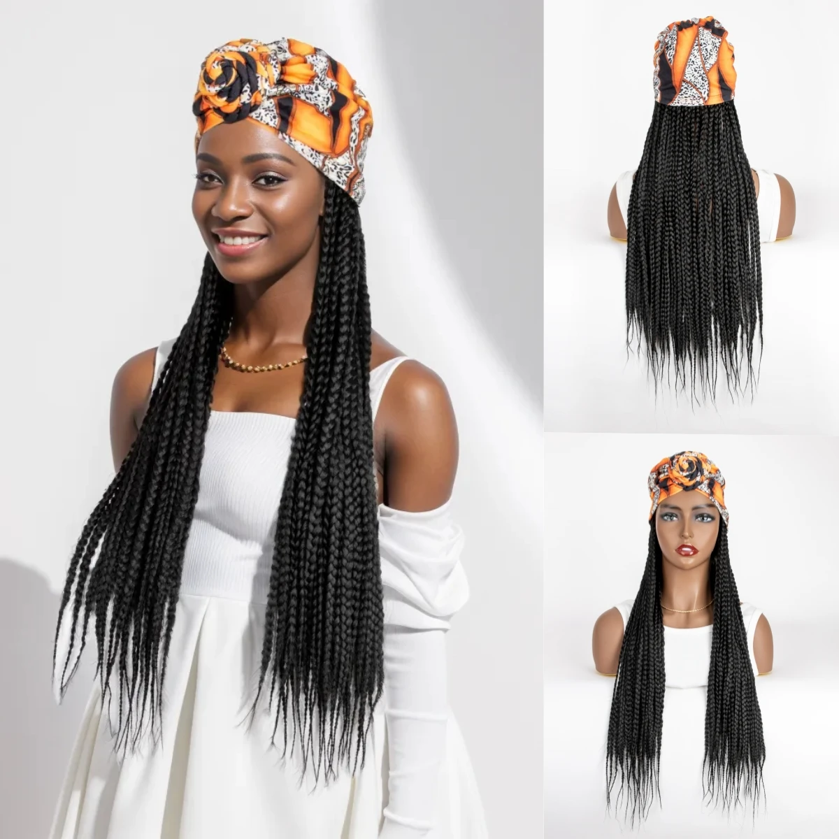 WIGERA Long Orange Headband Braided Synthetic Wig With Turban Hat Black Box Braiding Hair Extensions Head Scarf  Easy Hairstyle