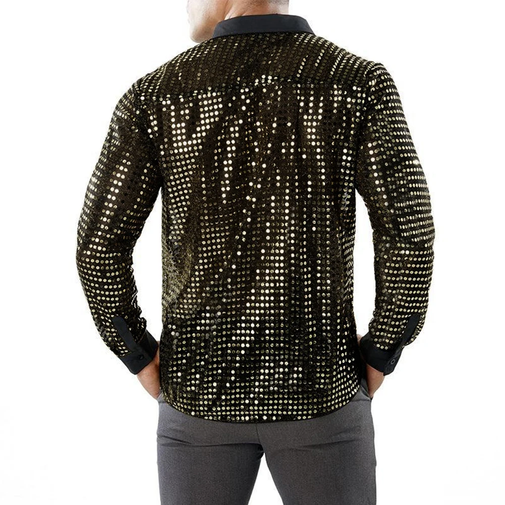 New Men's Shiny Sequins Single Breasted Shirts Long Sleeve Lapel Collar Stage Dance Retro 70s Disco Bling Shirt Man Tops