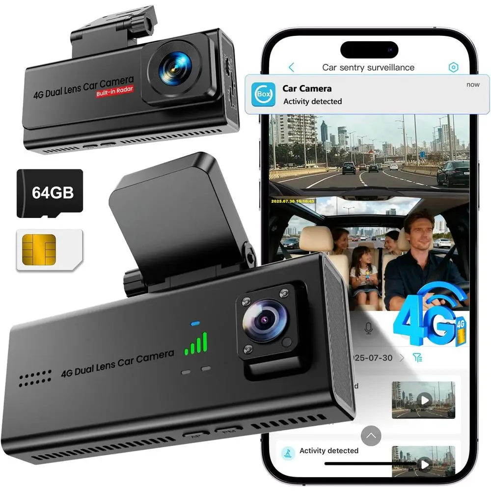 

Автомобильная камера 4G LTE с SIM-картой, прямая трансляция с передней и салонной камер, круглосуточный мониторинг парковки, AI-оповещения, удаленный доступ, двусторонняя аудиосвязь, хранение на SD/в облаке
