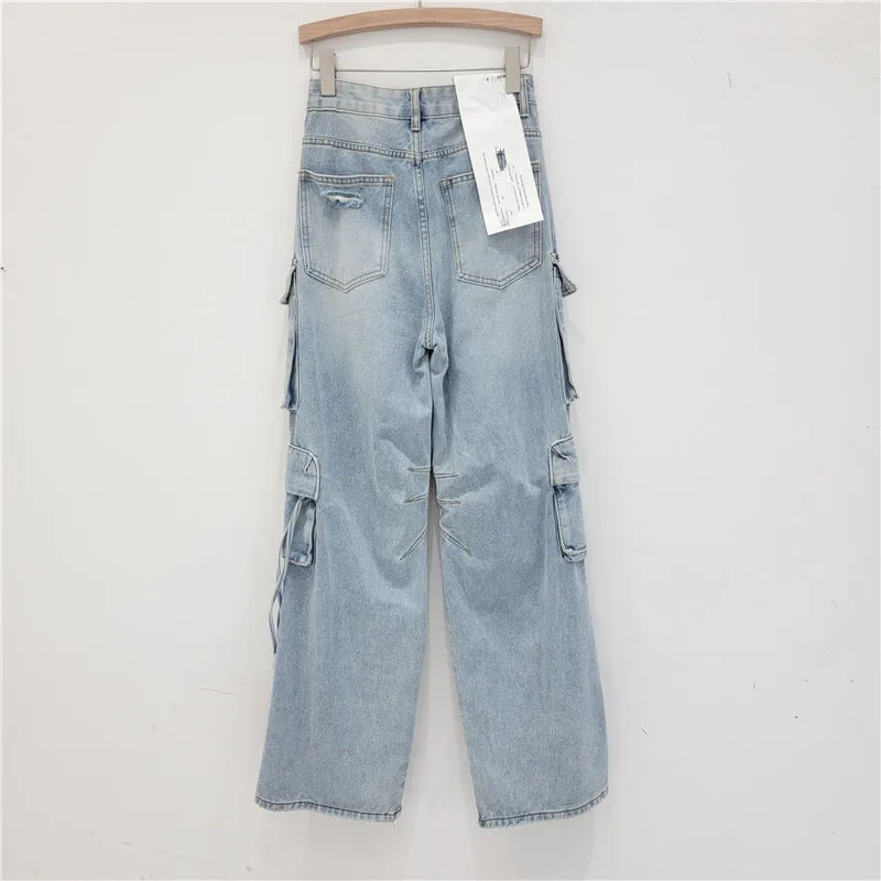 ANJY otoño nuevas mujeres Chic Cargo Jeans multi-bolsillo rasgado recto estilo Safari High Street moda Casual Y2K pantalones vaqueros A9395