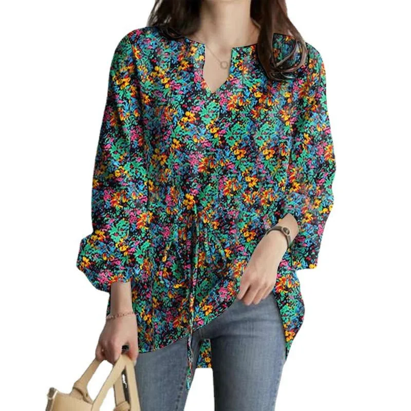 

Women Print Floral Shirts Casual V Neck Long Sleeve Drawstring T Shirt Vacation Casual Tops Pullover Loose Spliced Summer