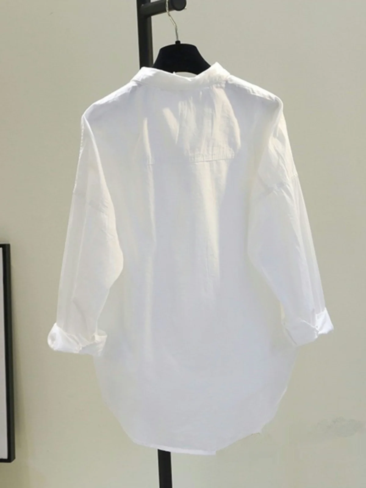 White Pure Cotton Thin irt Women's Korean Sle Top Commute Sle  Collar Long Sve Mid-Length Straight Cut irt