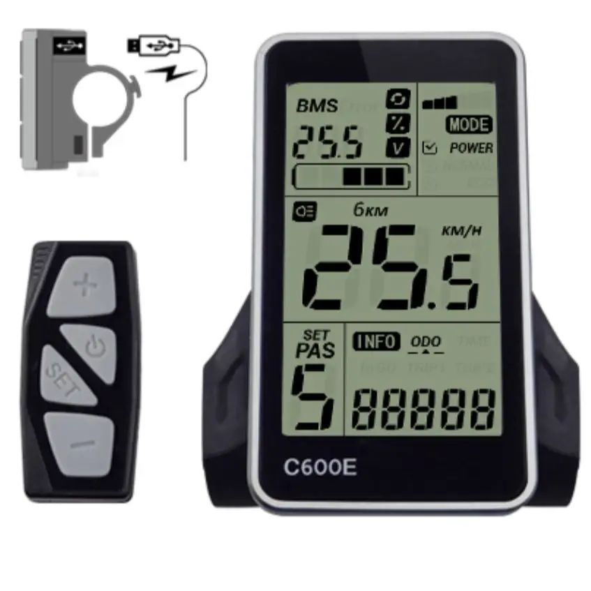 Bigstone C600E-USB LCD Display Electric Bike Instrument Monitor e-Bike SpeederReplacement Parts Panel Bafang  LED TFT Kit