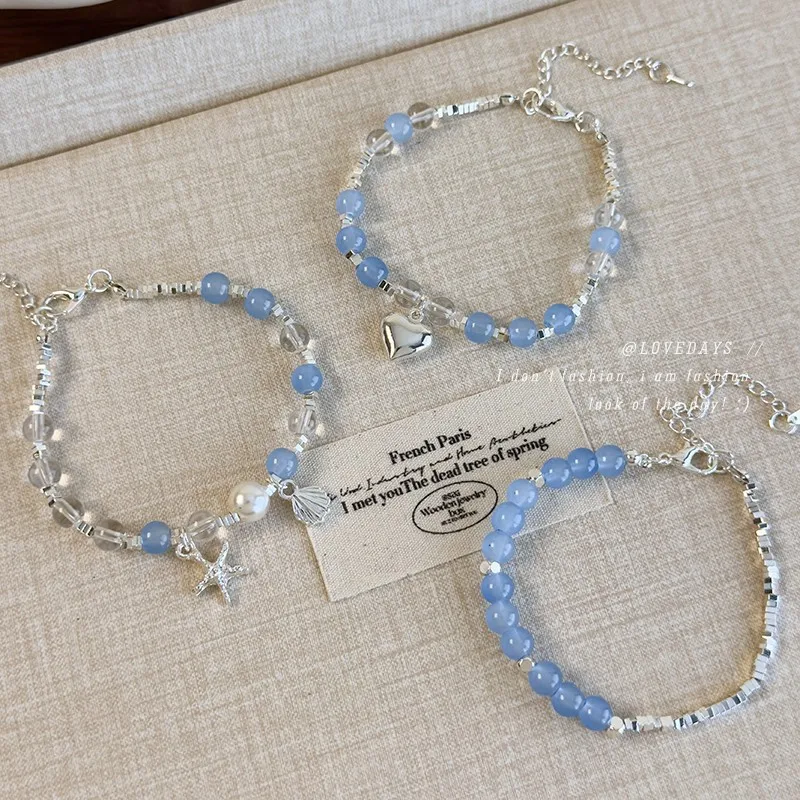 

Blue Glass Beaded Bracelet with Starfish and Heart Charms for Women Premium Handmade Lightweight Non Slip Daily Wear Best Friend