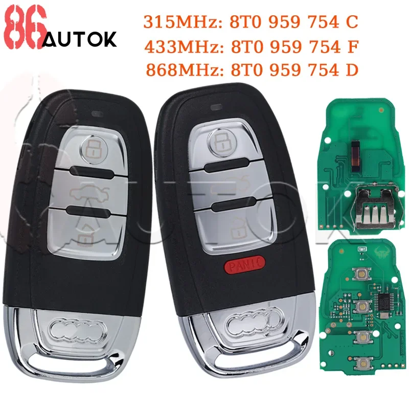 Car Semi Keyless Auto Smart Remote Control Key 315MHz/433MHZ/868MHZ 8T0 959 754C/D/F for Audi RS4 RS5 S4 S5 Q5 A4L A5 A6 A7 A8