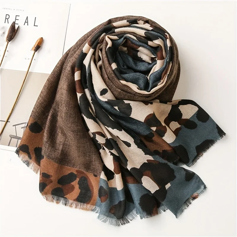 Brown Leopard Print Scarf Thin Soft Cozy Shawl Boho Style Windproof Sunscreen Wrap For Women