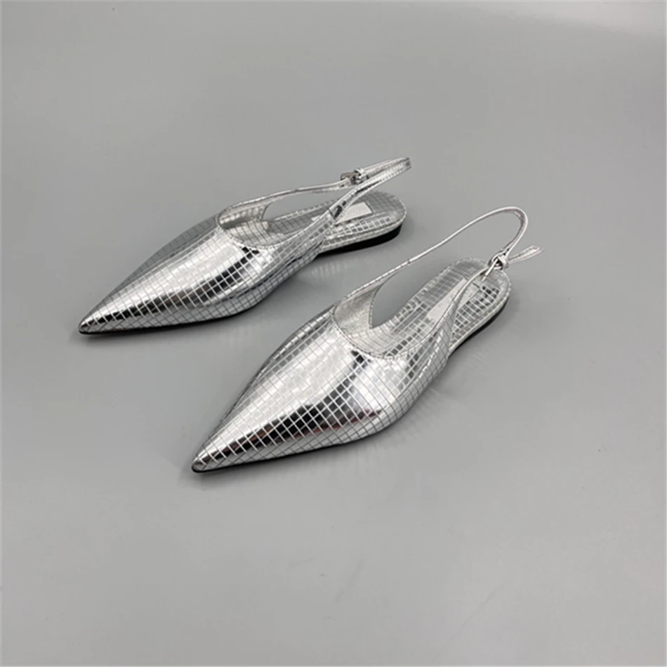 

AL*A Silver Slingback Shoes In Real Leather High Quality Golden Mirror Flat Shoes 2025 New Luxury Design Shoes For Women