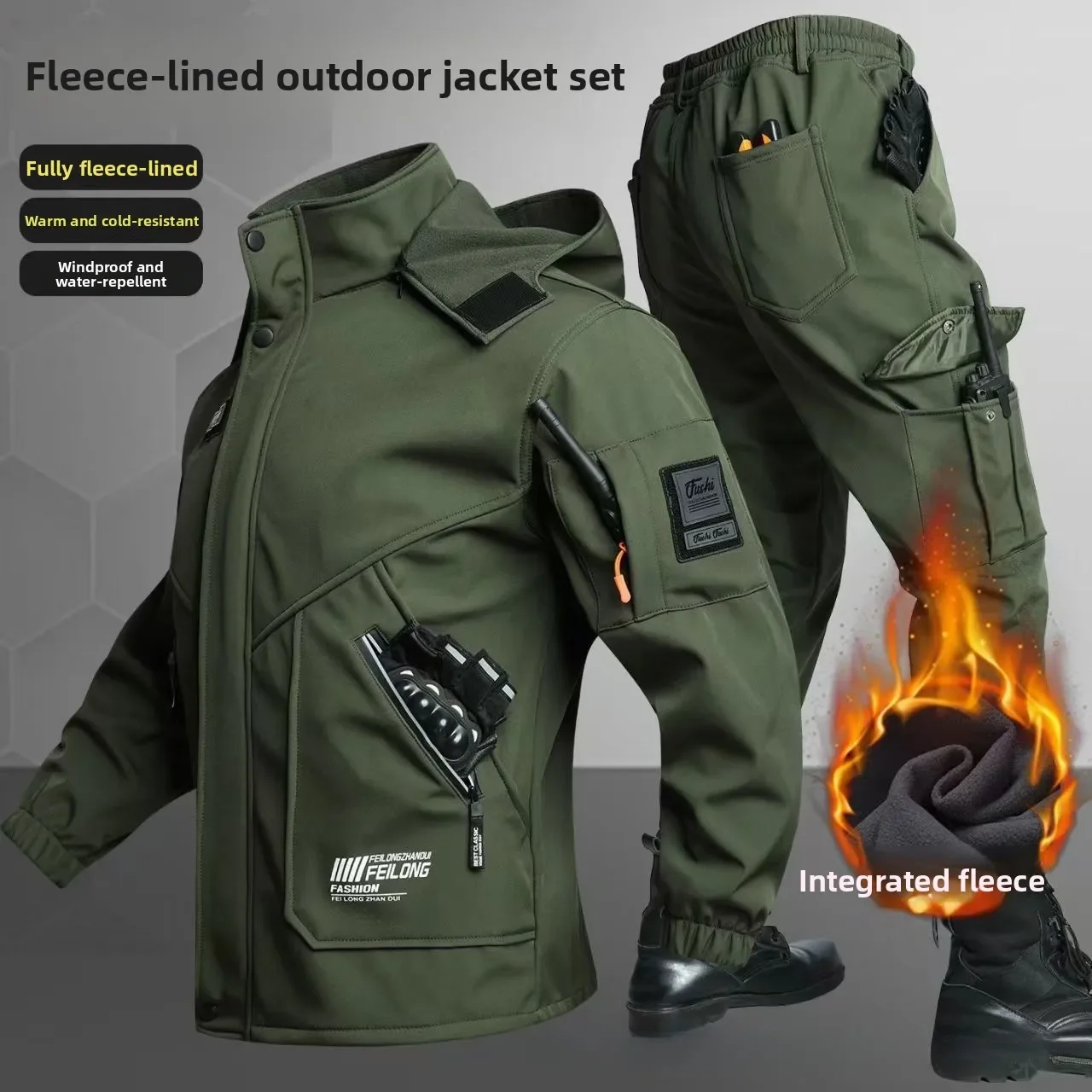 Thickened Fleece Autumn Winter Outdoor Climbing Clothes Set Men's Casual Wear Resistant Windproof Waterproof Workwear Jacket