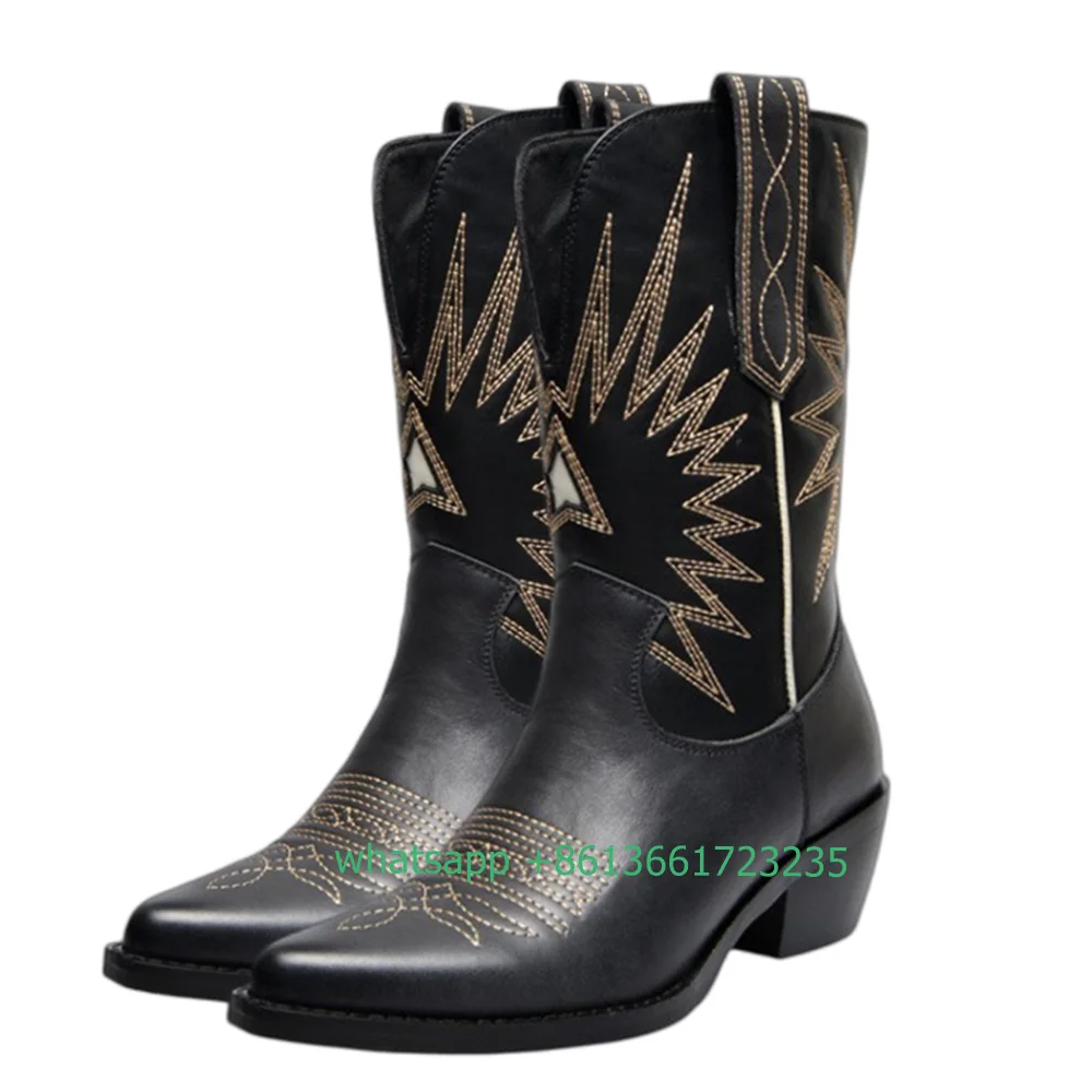 

2024 Autumn Winter New Retro Style Boots Genuine Leather Embroidered Cowboy Boots Slip On Black White Women Chunky Mid Boots