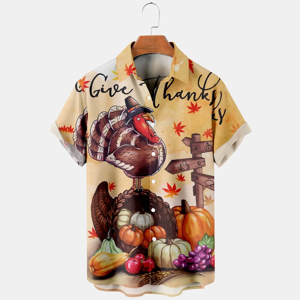 Thanksgiving turkey print 3D printed short sleeved shirt for men's fashion casual lapel single breasted shirt