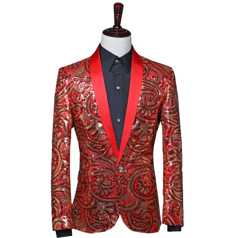 

2024 Men's Fancy Sequined Suit Green Collar Singer Host Photo Studio Photography Suit