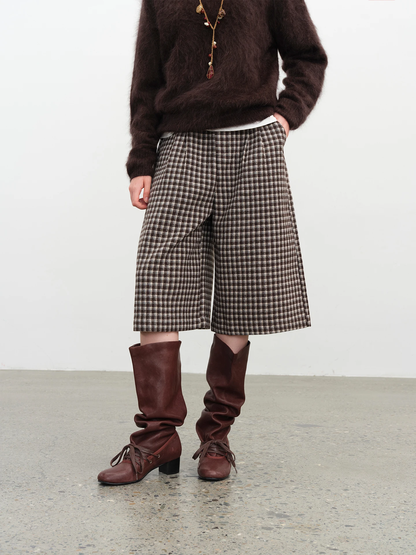 

Ele Plaid Commuter Belted Straight Leg Pants Five-Quarter Length Suit Pants Classic Retro Pixel Ladies Casual Trousers