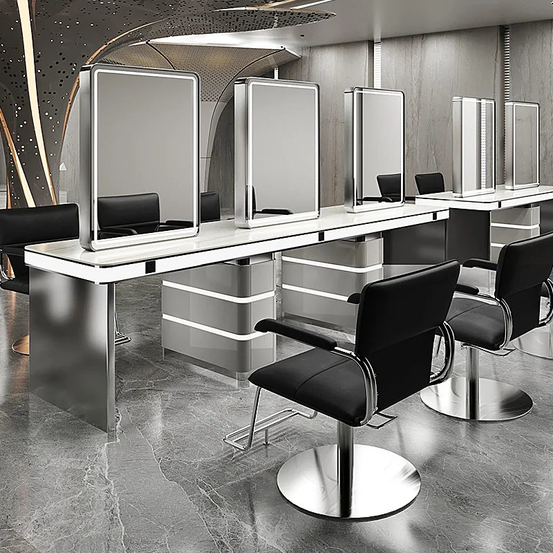 

Barber Shop Mirror Table Hair Salon Mirror with Light Double Sided Cabinet with Light Stainless Steel Perm and Dyeing Mirror