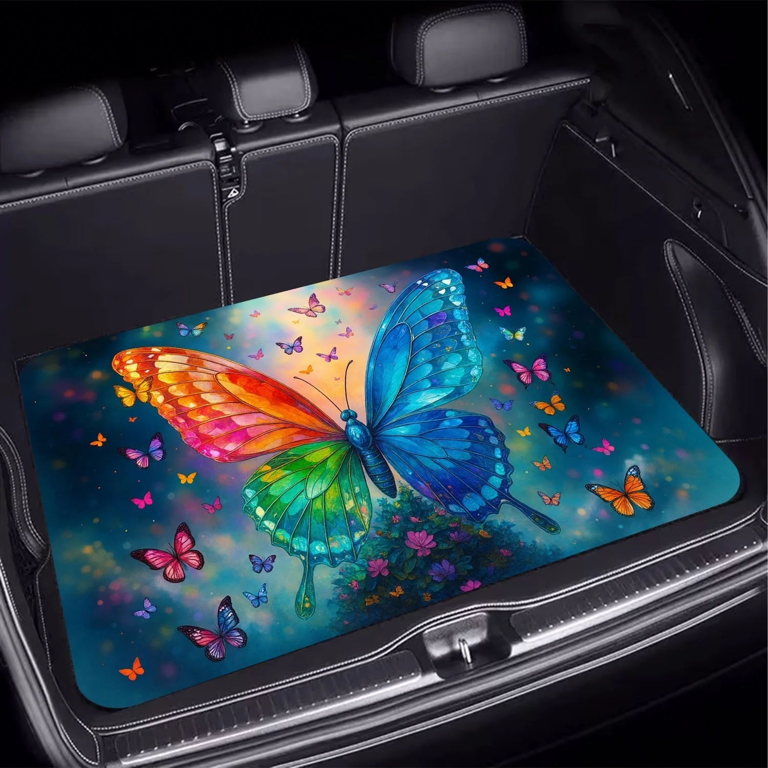 Car Trunk Mat, Colorful Big Butterfly Floral Print Cargo Liner, Non-Slip Rear Trunk Protector, Women Car decor, Car Accessories, Interior Decoration Mat, Universal Fit For SUV Sedan Truck, Vibrant Rainbow B