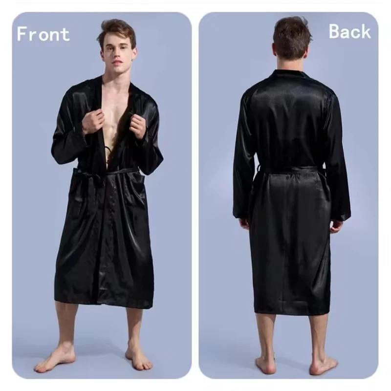 Men\'s Satin Kimono Robe Silky Long Bathrobe Pockets Lightweight Loungewear Men Dressing Gown Wedding Party